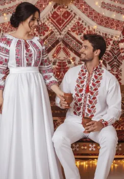 Set Cuplu 679  Camasa Traditionala si Rochie Stilizata cu motive traditionale imagine