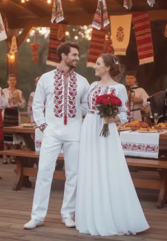 Set Cuplu 681   Camasa Traditionala si Rochie Stilizata cu motive traditionale imagine