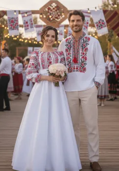 Set Cuplu 686  Camasa Traditionala si Rochie Stilizata cu motive traditionale imagine