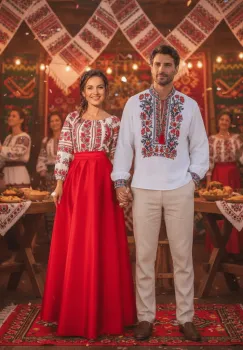 Set Cuplu 687  Camasa Traditionala si Rochie Stilizata cu motive traditionale imagine