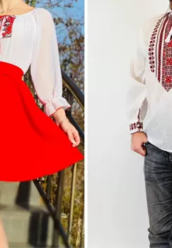 Set Cuplu Traditional 126 Camasa Traditionala si Rochie cu motive traditionale imagine