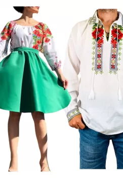 Set Cuplu Traditional 149 Camasa Traditionala si Rochie cu motive traditionale imagine