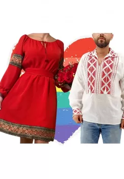 Set Cuplu Traditional 157 Camasa Traditionala si Rochie cu motive traditionale imagine