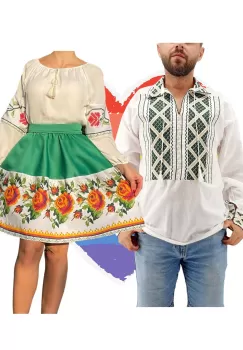 Set Cuplu Traditional 158 Camasa Traditionala si Rochie cu motive traditionale imagine
