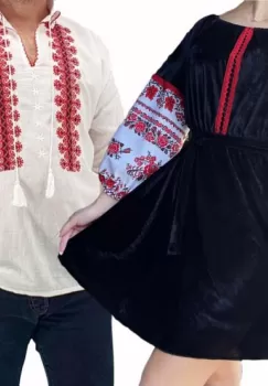 Set Cuplu Traditional 164 Camasa Traditionala si Rochie cu motive traditionale imagine