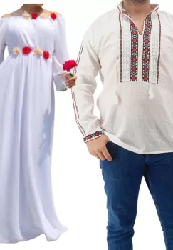 Set Cuplu Traditional 165 Camasa Traditionala si Rochie cu motive traditionale imagine