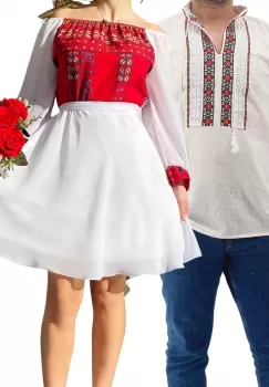 Set Cuplu Traditional 172 Camasa Traditionala si Rochie cu motive traditionale imagine