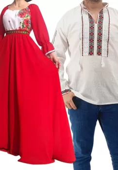 Set Cuplu Traditional 173 Camasa Traditionala si Rochie cu motive traditionale imagine