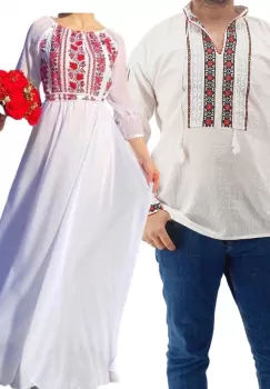Set Cuplu Traditional 176 Camasa Traditionala si Rochie cu motive traditionale imagine