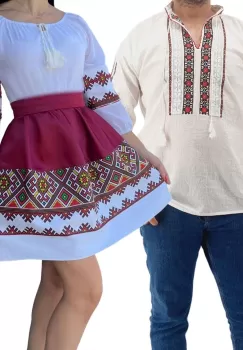 Set Cuplu Traditional 179 Camasa Traditionala si Rochie cu motive traditionale imagine