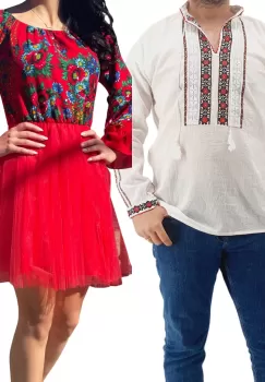 Set Cuplu Traditional 180 Camasa Traditionala si Rochie cu motive traditionale imagine