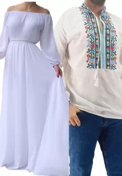 Set Cuplu Traditional 181 Camasa Traditionala si Rochie cu motive traditionale imagine