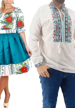 Set Cuplu Traditional 183 Camasa Traditionala si Rochie cu motive traditionale imagine