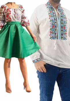 Set Cuplu Traditional 185 Camasa Traditionala si Rochie cu motive traditionale imagine