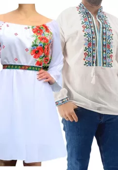 Set Cuplu Traditional 186 Camasa Traditionala si Rochie cu motive traditionale imagine