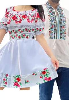 Set Cuplu Traditional 188 Camasa Traditionala si Rochie cu motive traditionale imagine