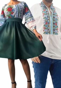 Set Cuplu Traditional 189 Camasa Traditionala si Rochie cu motive traditionale imagine