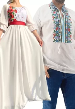 Set Cuplu Traditional 190 Camasa Traditionala si Rochie cu motive traditionale imagine