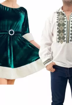 Set Cuplu Traditional 201 Camasa Traditionala si Rochie cu motive traditionale imagine