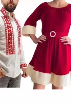 Set Cuplu Traditional 204 Camasa Traditionala si Rochie cu motive traditionale imagine