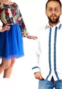 Set Cuplu Traditional 215 Camasa Traditionala si Rochie cu motive traditionale imagine