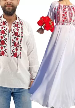 Set Cuplu Traditional 216 Camasa Traditionala si Rochie cu motive traditionale imagine