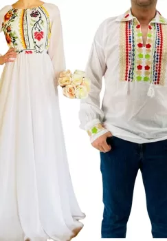 Set Cuplu Traditional 220 Camasa Traditionala si Rochie cu motive traditionale imagine