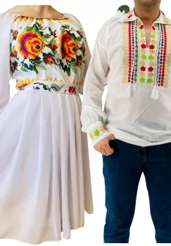 Set Cuplu Traditional 222 Camasa Traditionala si Rochie cu motive traditionale imagine