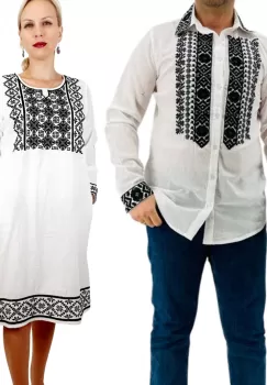 Set Cuplu Traditional 232 Camasa Traditionala si Rochie cu motive traditionale imagine