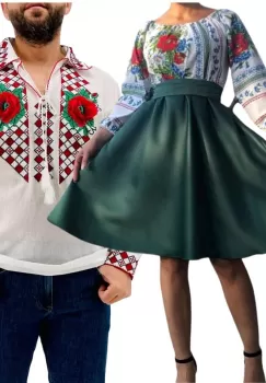 Set Cuplu Traditional 241 Camasa Traditionala si Rochie cu motive traditionale imagine