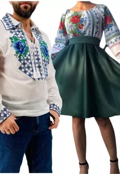 Set Cuplu Traditional 242 Camasa Traditionala si Rochie cu motive traditionale imagine