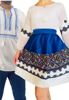Set Cuplu Traditional 244 Camasa Traditionala si Rochie cu motive traditionale imagine