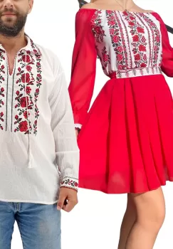Set Cuplu Traditional 256 Camasa Traditionala si Rochie cu motive traditionale imagine
