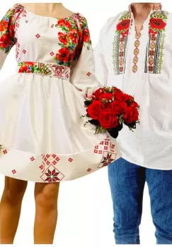 Set Cuplu Traditional 258 Camasa Traditionala si Rochie cu motive traditionale imagine