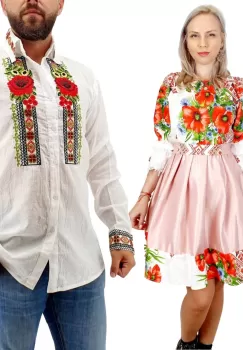 Set Cuplu Traditional 259 Camasa Traditionala si Rochie cu motive traditionale imagine