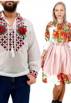 Set Cuplu Traditional 260 Camasa Traditionala si Rochie cu motive traditionale imagine