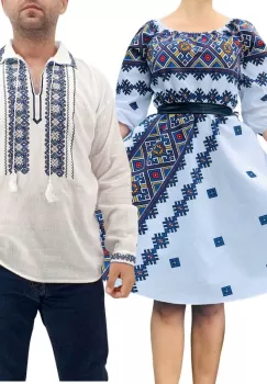 Set Cuplu Traditional 261 Camasa Traditionala si Rochie cu motive traditionale imagine