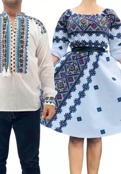 Set Cuplu Traditional 263 Camasa Traditionala si Rochie cu motive traditionale imagine