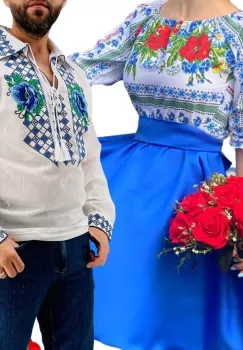 Set Cuplu Traditional 265 Camasa Traditionala si Rochie cu motive traditionale imagine