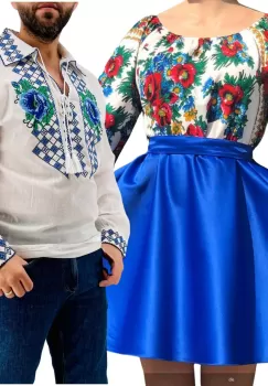 Set Cuplu Traditional 269 Camasa Traditionala si Rochie cu motive traditionale imagine