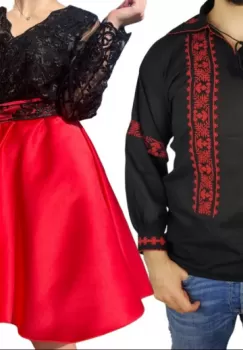Set Cuplu Traditional 273 Camasa Traditionala si Rochie cu motive traditionale imagine