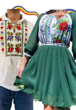 Set Cuplu Traditional 296 Camasa Traditionala si Rochie cu motive traditionale imagine