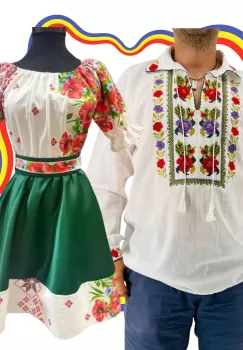 Set Cuplu Traditional 298 Camasa Traditionala si Rochie cu motive traditionale imagine