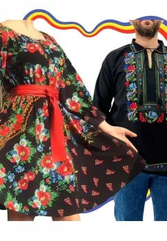 Set Cuplu Traditional 303 Camasa Traditionala si Rochie cu motive traditionale imagine
