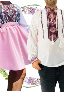 Set Cuplu Traditional 305 Camasa Traditionala si Rochie cu motive traditionale imagine