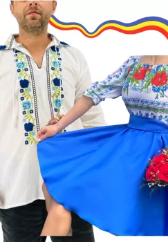 Set Cuplu Traditional 306 Camasa Traditionala si Rochie cu motive traditionale imagine