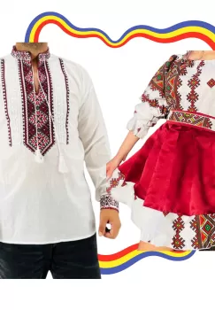 Set Cuplu Traditional 318 Camasa Traditionala si Rochie cu motive traditionale imagine