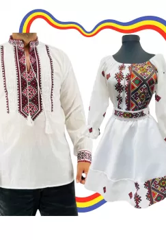 Set Cuplu Traditional 319 Camasa Traditionala si Rochie cu motive traditionale imagine