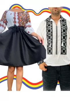 Set Cuplu Traditional 324 Camasa Traditionala si Rochie cu motive traditionale imagine