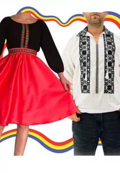 Set Cuplu Traditional 325 Camasa Traditionala si Rochie cu motive traditionale imagine